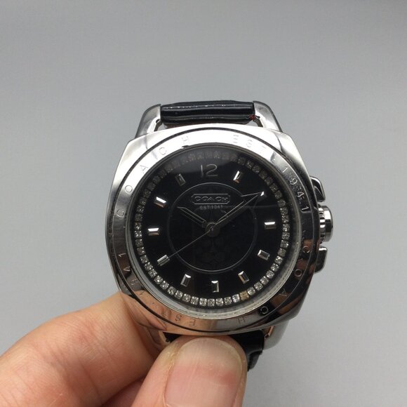 Coach Watch Women 39mm Silver Tone Black Logo Dial Crystals Leather New Battery main image 4